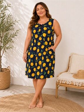 Lemon Print Navy Sleeveless Dress